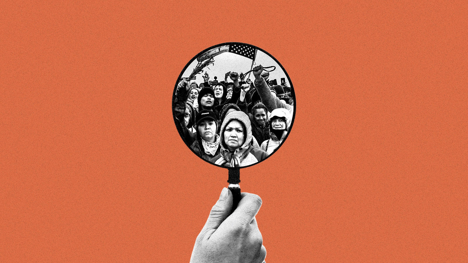 Collage of hand holding magnifying glass with image of DAPL protest in center