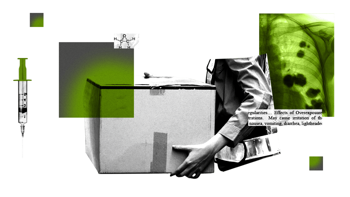 Collage featuring warehouse worker carrying cardboard box off-gassing ethylene oxide