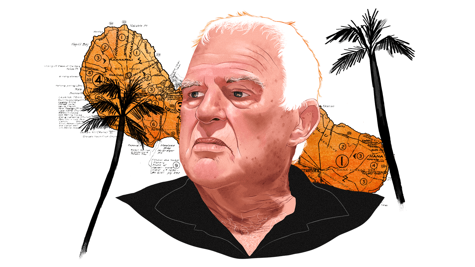 Illustrated portrait of a white man in his 70s (Peter Martin) with an orange map of Maui and black palm trees in the background